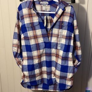 Duluth Trading Co Blue Cream & Brown Plaid Button-Down Shirt with Pockets